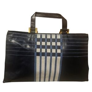 Vintage Braccialini Firenze Navy Blue Plaid Leather Tote Portfolio Bag Italy